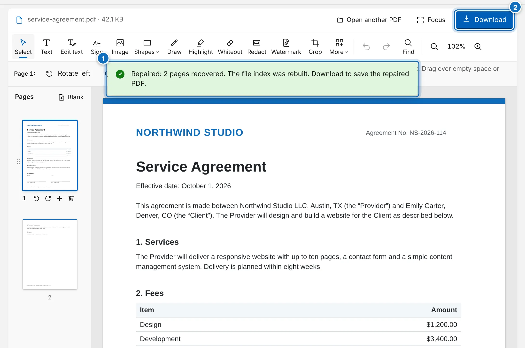 A cut-off PDF opened in the editor with the message that it was repaired and how many pages were recovered